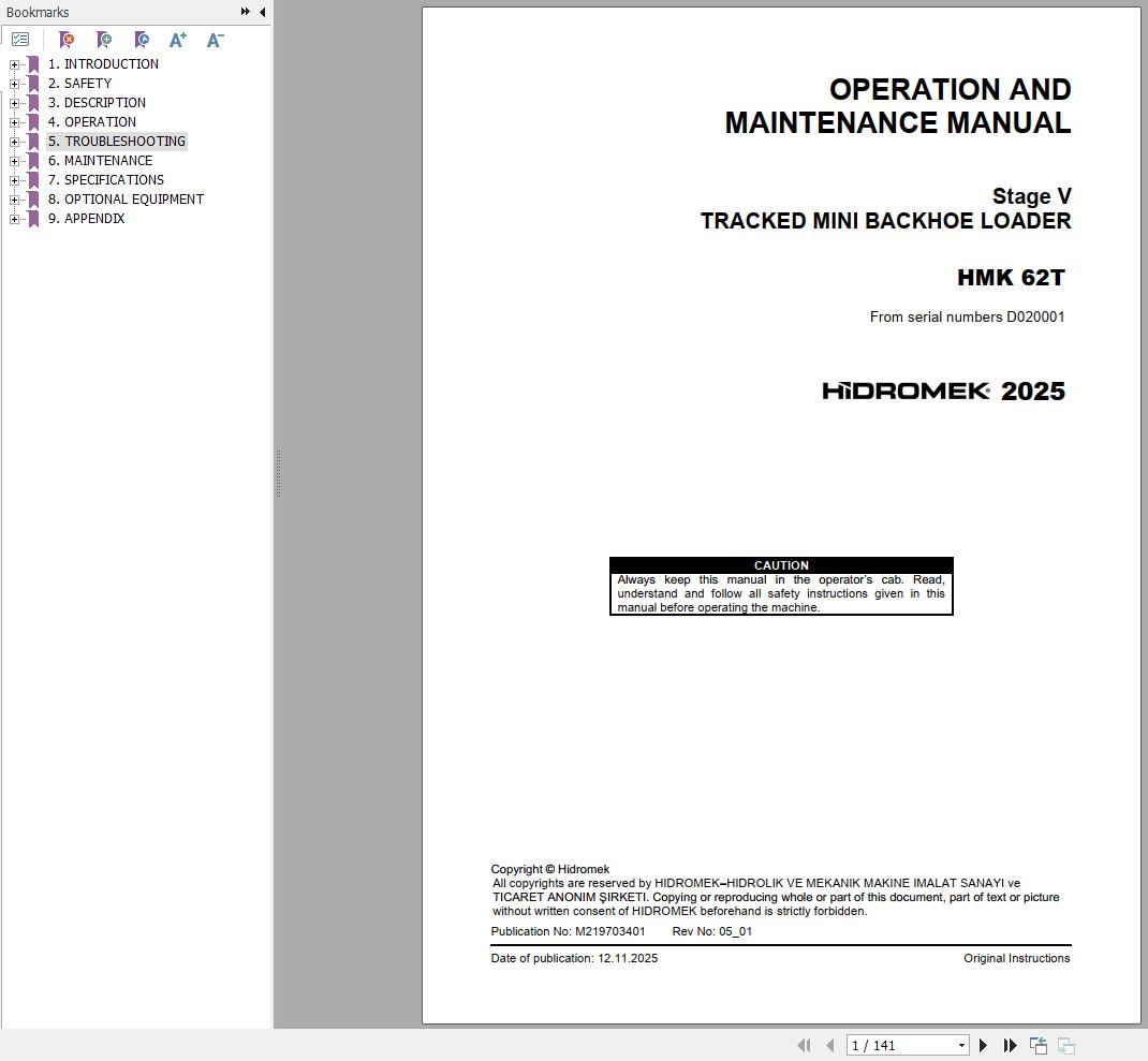 Hidromek Backhoe Loader HMK62T Stage5 Operation Manual M219703401 2025 (1)