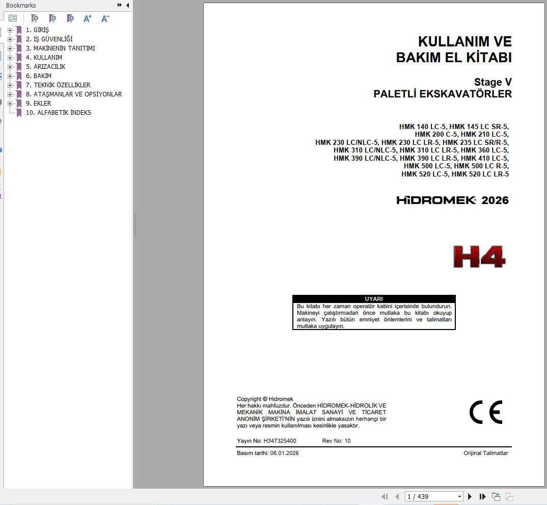 Hidromek Excavator HMK140LC 5 to HMK520LC LR 5 Operation Manual H347325400 2026 TR (1)