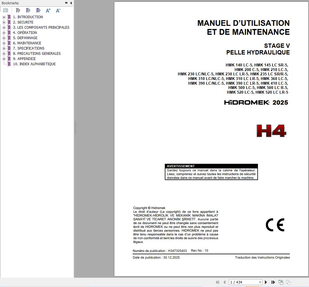 Hidromek Excavator HMK140LC 5 to HMK520LC LR 5 Operation Manual H347325403 2025 FR (1)