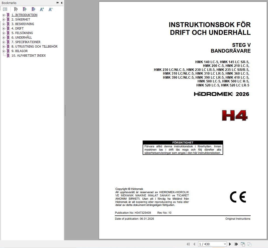 Hidromek Excavator HMK140LC 5 to HMK520LC LR 5 Operation Manual H347325409 2026 SV (1)