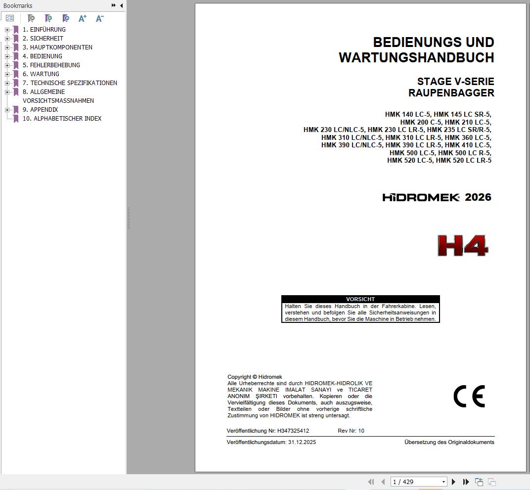 Hidromek Excavator HMK140LC 5 to HMK520LC LR 5 Operation Manual H347325412 2026 DE (1)