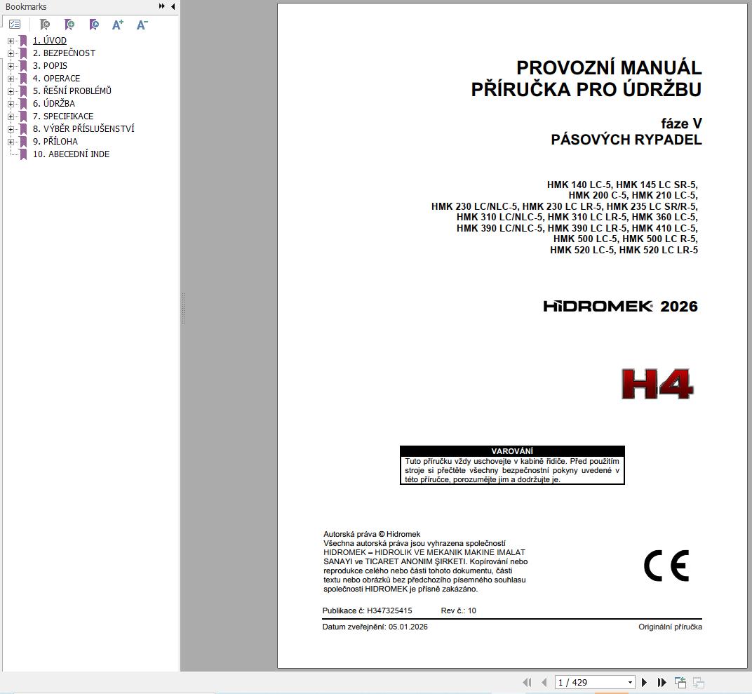 Hidromek Excavator HMK140LC 5 to HMK520LC LR 5 Operation Manual H347325415 2026 CS (1)