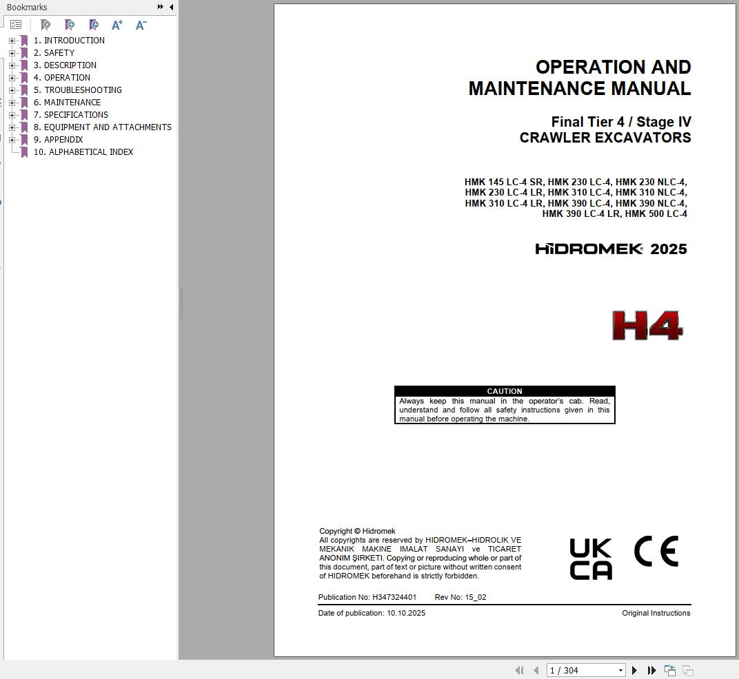 Hidromek Excavator HMK145LC 4 SR to HMK500LC 4 Operation Manual H347324401 2025 (1)
