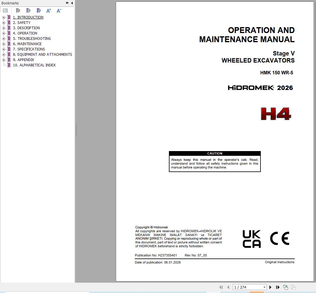 Hidromek Excavator HMK150WR 5 H4 Operation Manual H237355401 2026 (1)