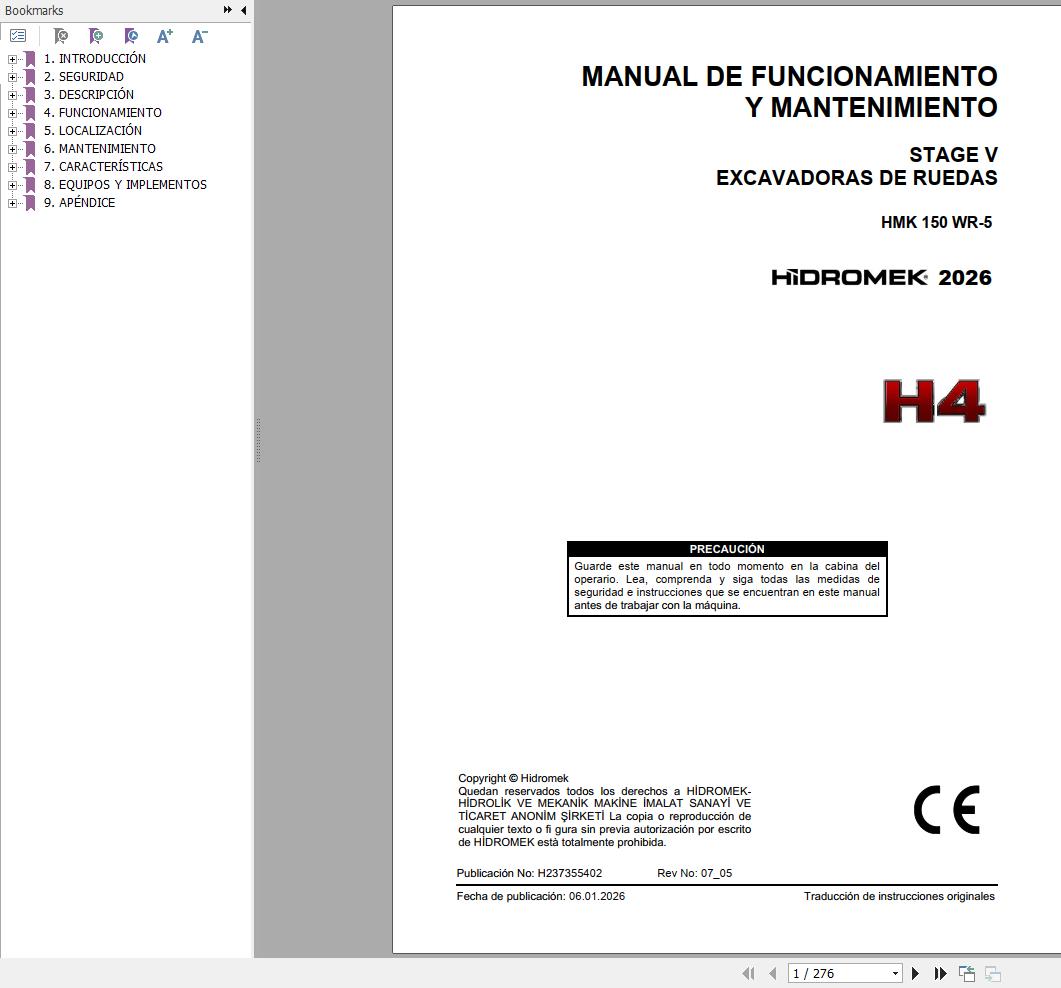 Hidromek Excavator HMK150WR 5 H4 Operation Manual H237355402 2026 ES (1)