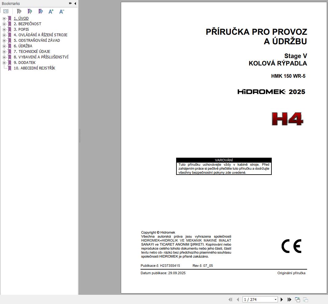 Hidromek Excavator HMK150WR 5 H4 Operation Manual H237355415 2025 CS (1)