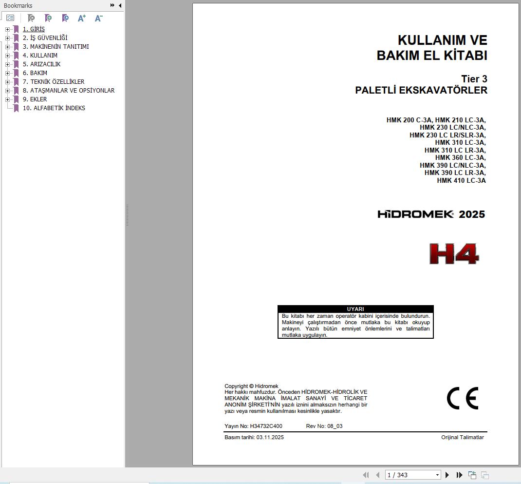 Hidromek Excavator HMK200C 3A to HMK410LC 3A Operation Manual H34732C400 2025 TR (1)
