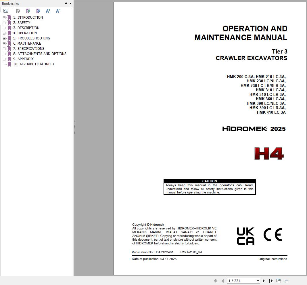 Hidromek Excavator HMK200C 3A to HMK410LC 3A Operation Manual H34732C401 2025 (1)