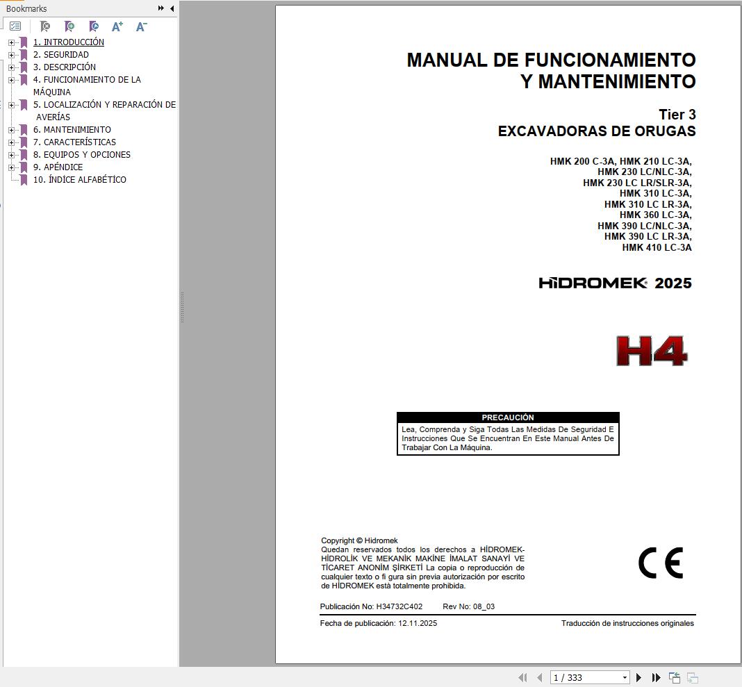 Hidromek Excavator HMK200C 3A to HMK410LC 3A Operation Manual H34732C402 2025 ES (1)