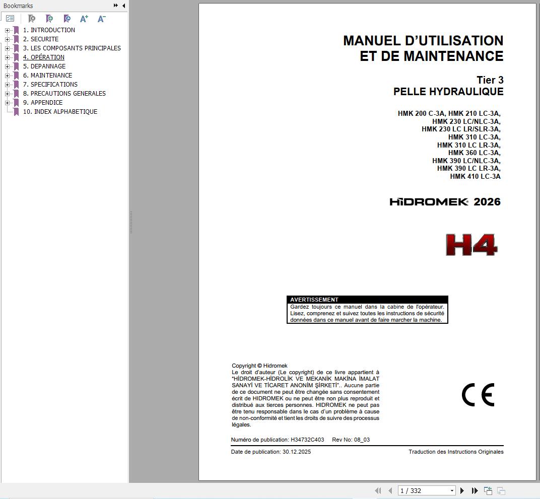 Hidromek Excavator HMK200C 3A to HMK410LC 3A Operation Manual H34732C403 2026 FR (1)