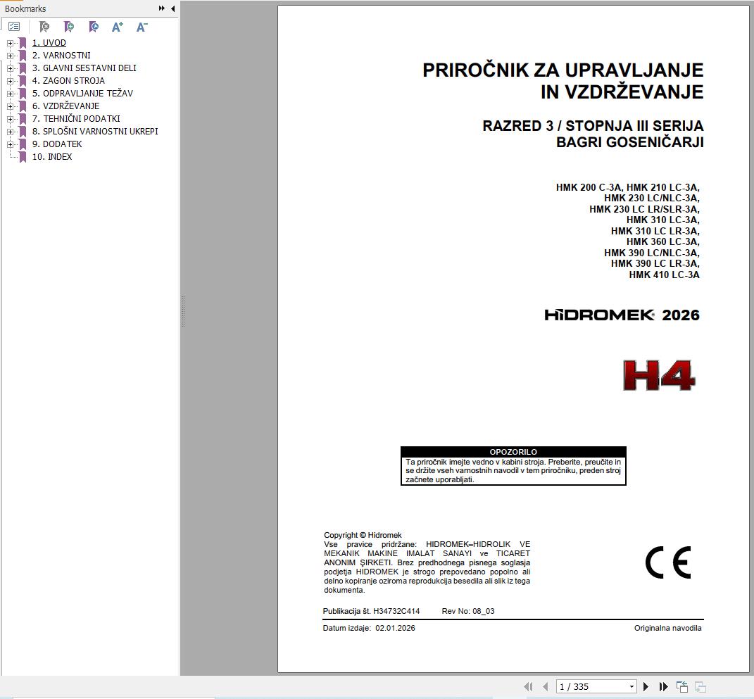 Hidromek Excavator HMK200C 3A to HMK410LC 3A Operation Manual H34732C414 2026 SL (1)