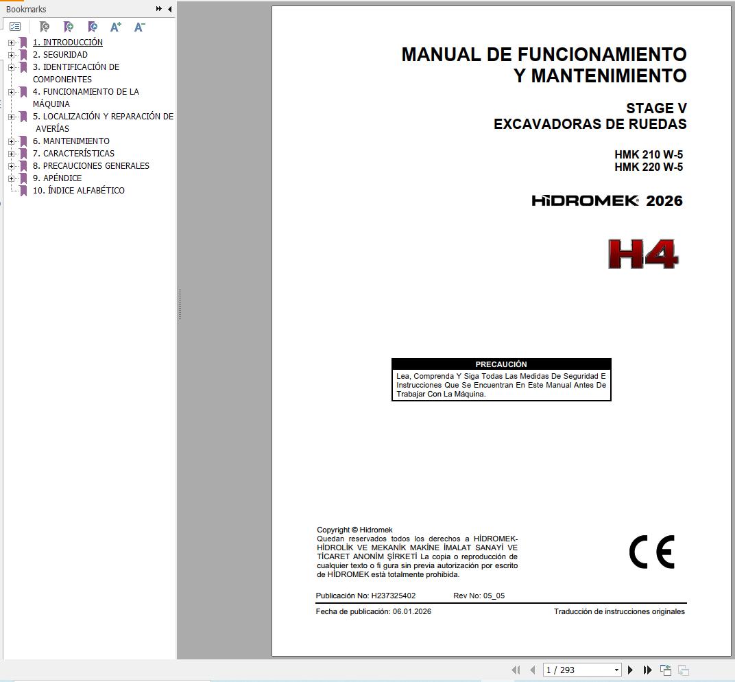 Hidromek Excavator HMK210W 5 HMK220W 5 Operation Manual H237325402 2026 ES (1)