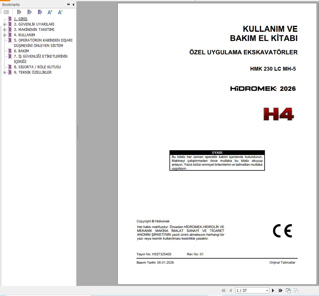 Hidromek Excavator HMK230LC MH 5 Operation Manual H557325400 2026 TR (1)