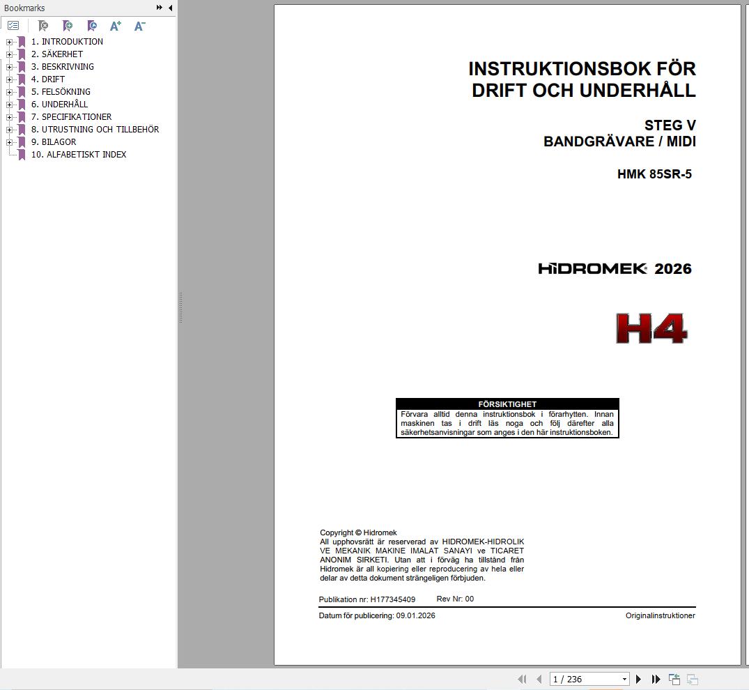 Hidromek Excavator HMK85SR 5 Operation Manual H177345409 2026 SV (1)