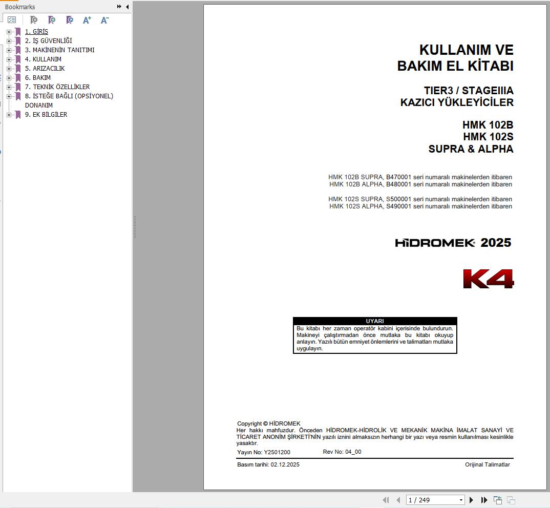 Hidromek HMK102B HMK102S SUPRA & ALPHA K4 Operation Manual Y2501200 2025 TR (1)
