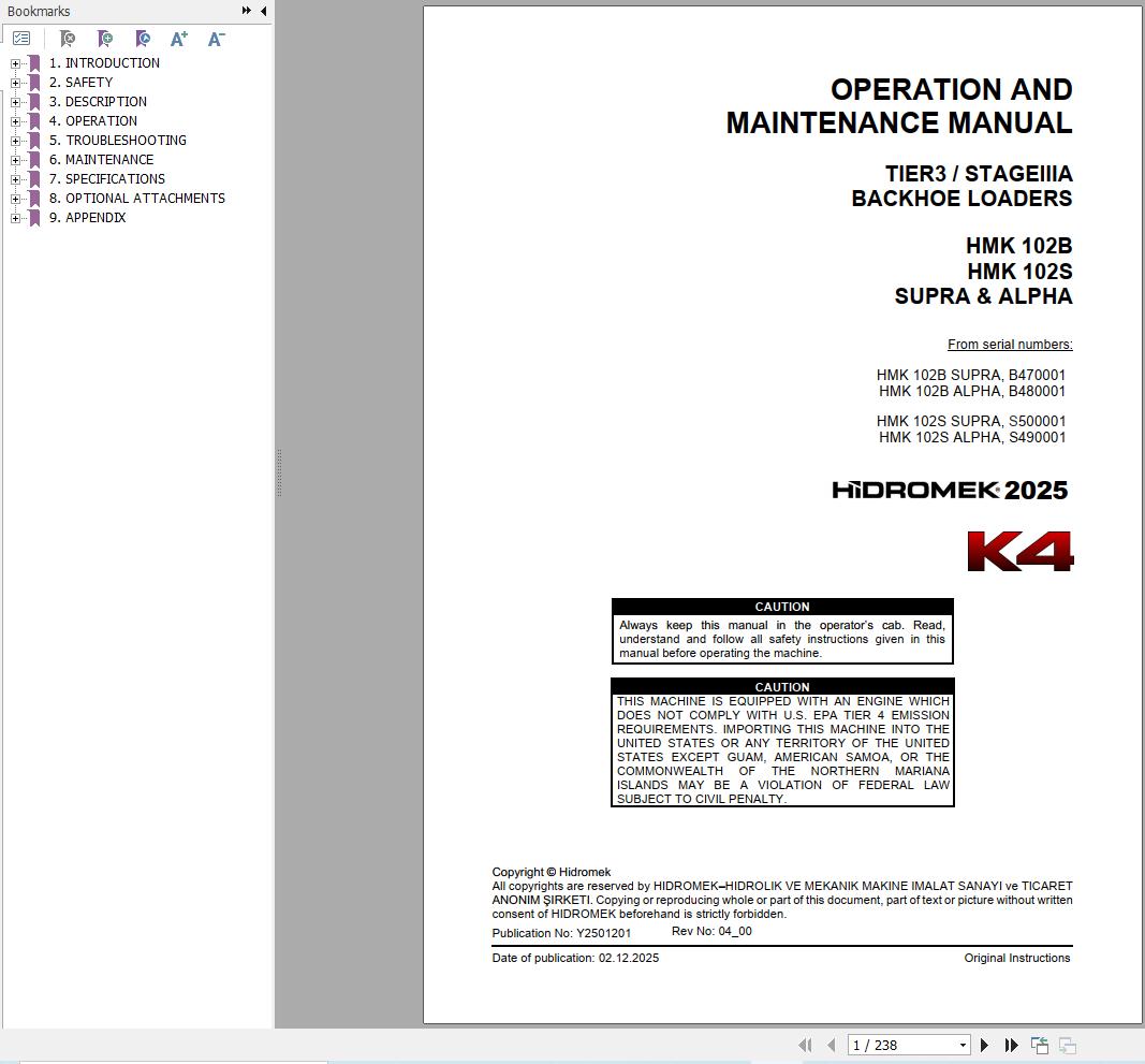 Hidromek HMK102B HMK102S SUPRA & ALPHA K4 Operation Manual Y2501201 2025 (1)