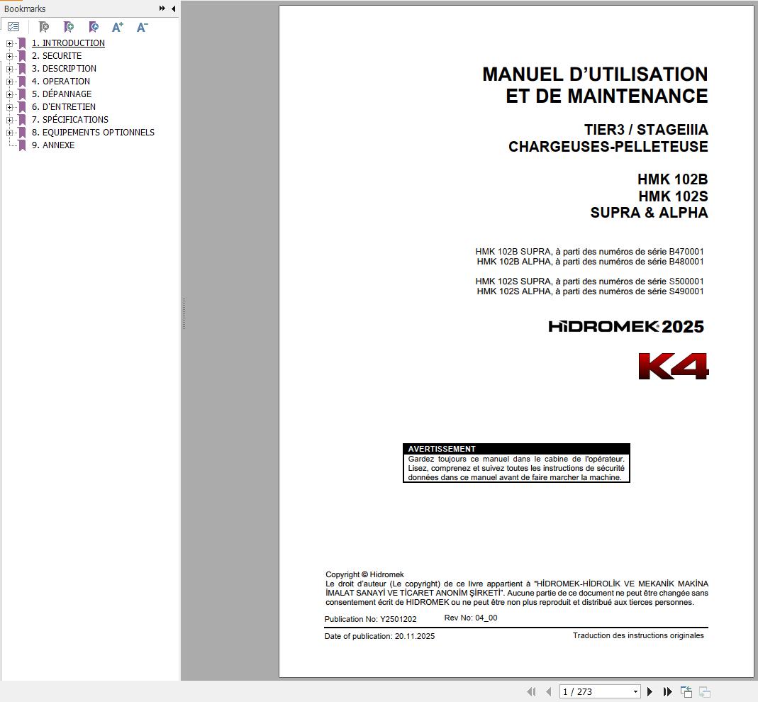 Hidromek HMK102B HMK102S SUPRA & ALPHA K4 Operation Manual Y2501202 2025 FR (1)