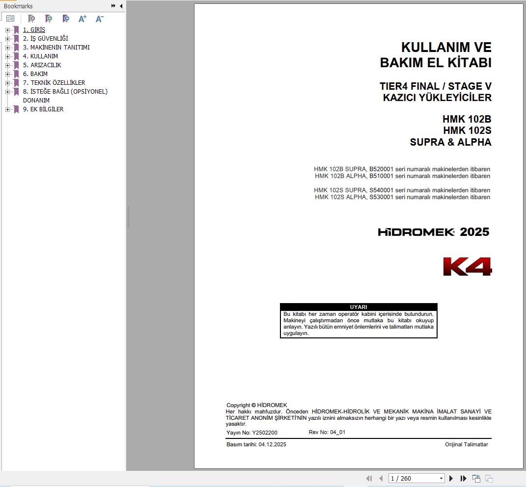 Hidromek HMK102B HMK102S SUPRA & ALPHA K4 Operation Manual Y2502200 2025 TR (1)