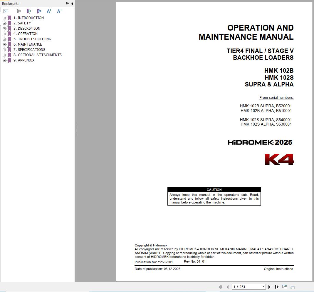 Hidromek HMK102B HMK102S SUPRA & ALPHA K4 Operation Manual Y2502201 2025 (1)