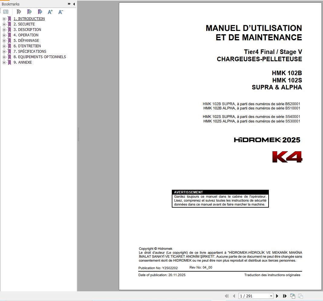 Hidromek HMK102B HMK102S SUPRA & ALPHA K4 Operation Manual Y2502202 2025 FR (1)