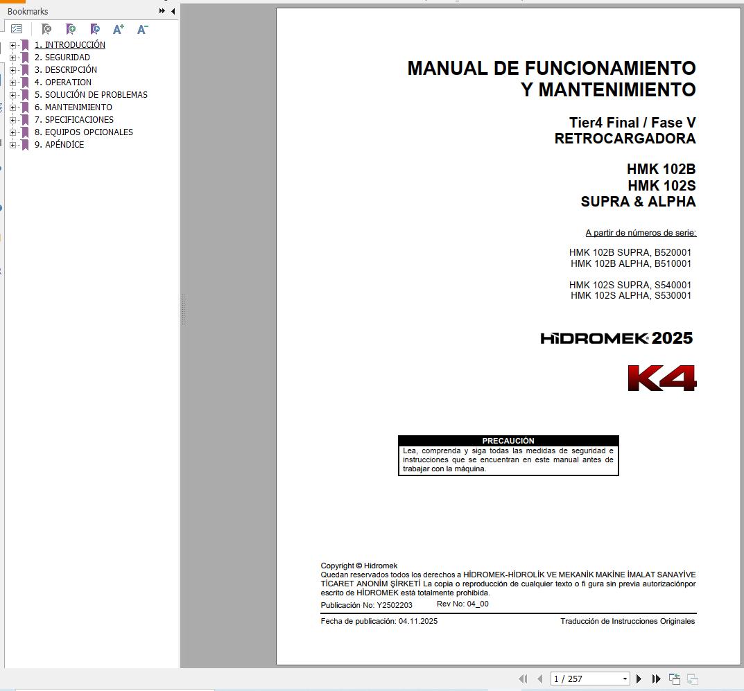 Hidromek HMK102B HMK102S SUPRA & ALPHA K4 Operation Manual Y2502203 2025 ES (1)