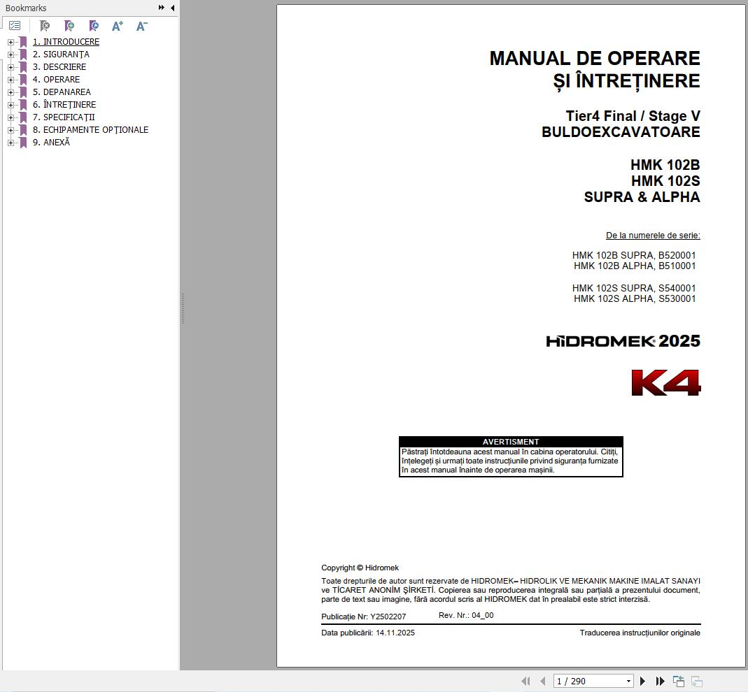 Hidromek HMK102B HMK102S SUPRA & ALPHA K4 Operation Manual Y2502207 2025 RO (1)