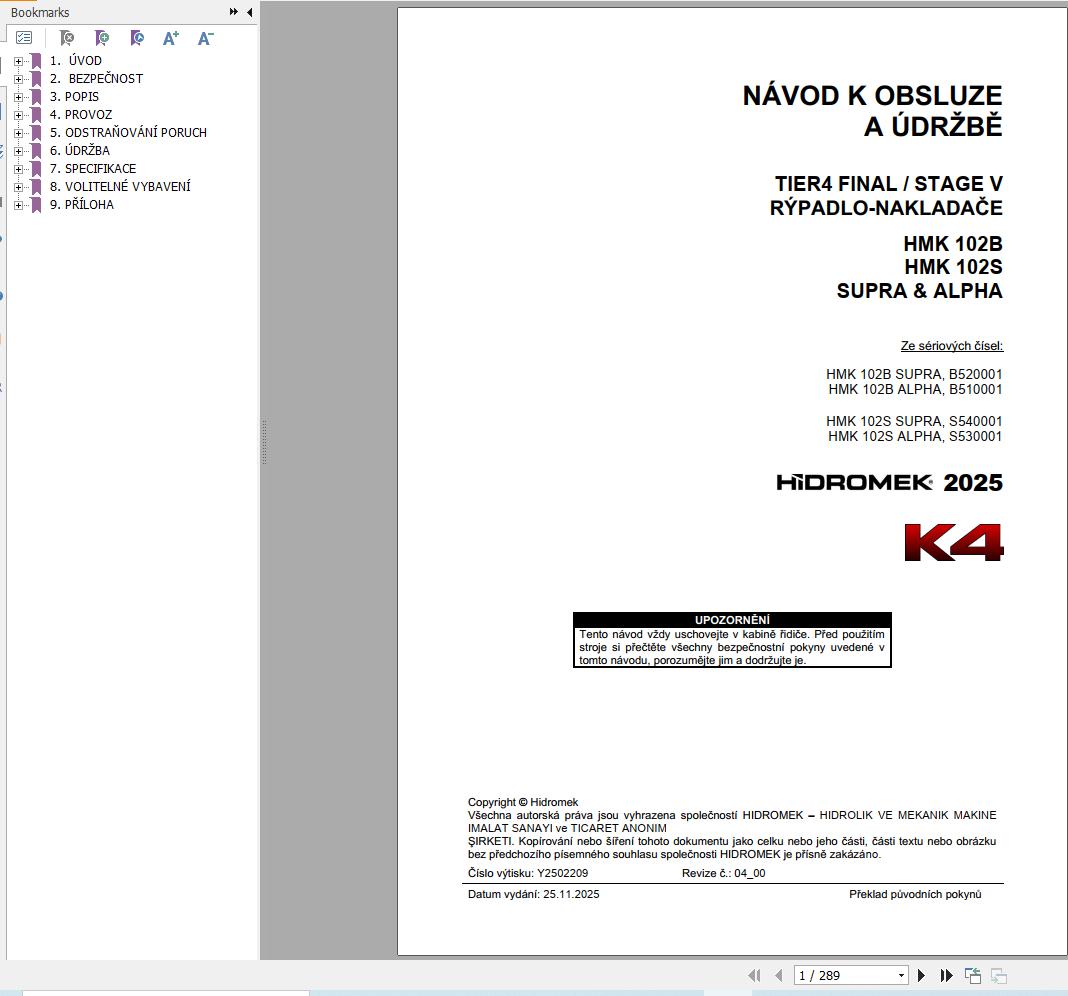 Hidromek HMK102B HMK102S SUPRA & ALPHA K4 Operation Manual Y2502209 2025 CS (1)