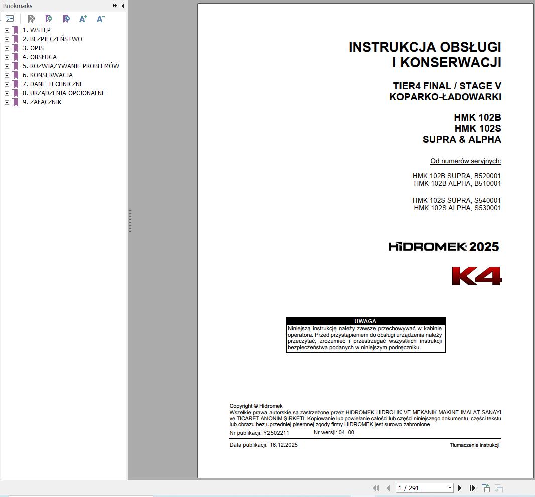 Hidromek HMK102B HMK102S SUPRA & ALPHA K4 Operation Manual Y2502211 2025 PL (1)