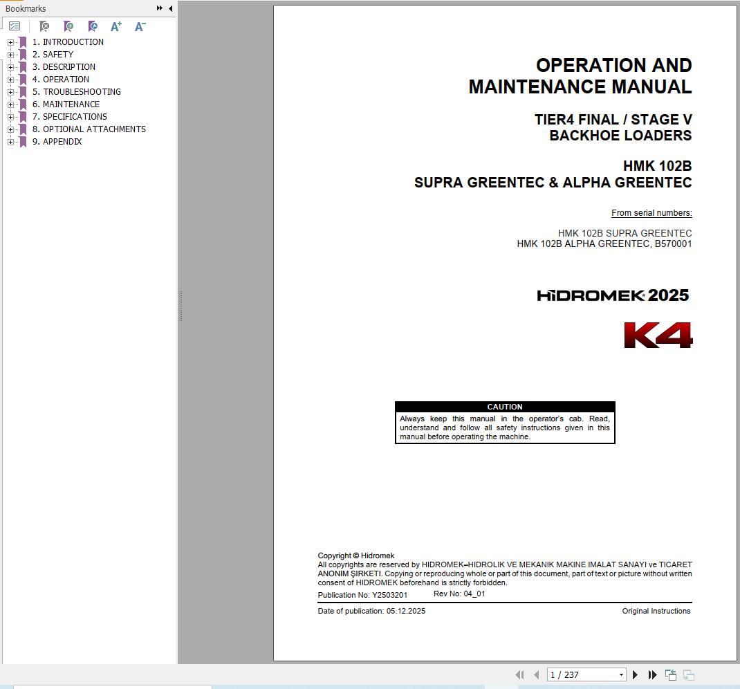 Hidromek HMK102B K4 SUPRA & ALPHA GREENTEC Operation Manual Y2503201 2025 (1)
