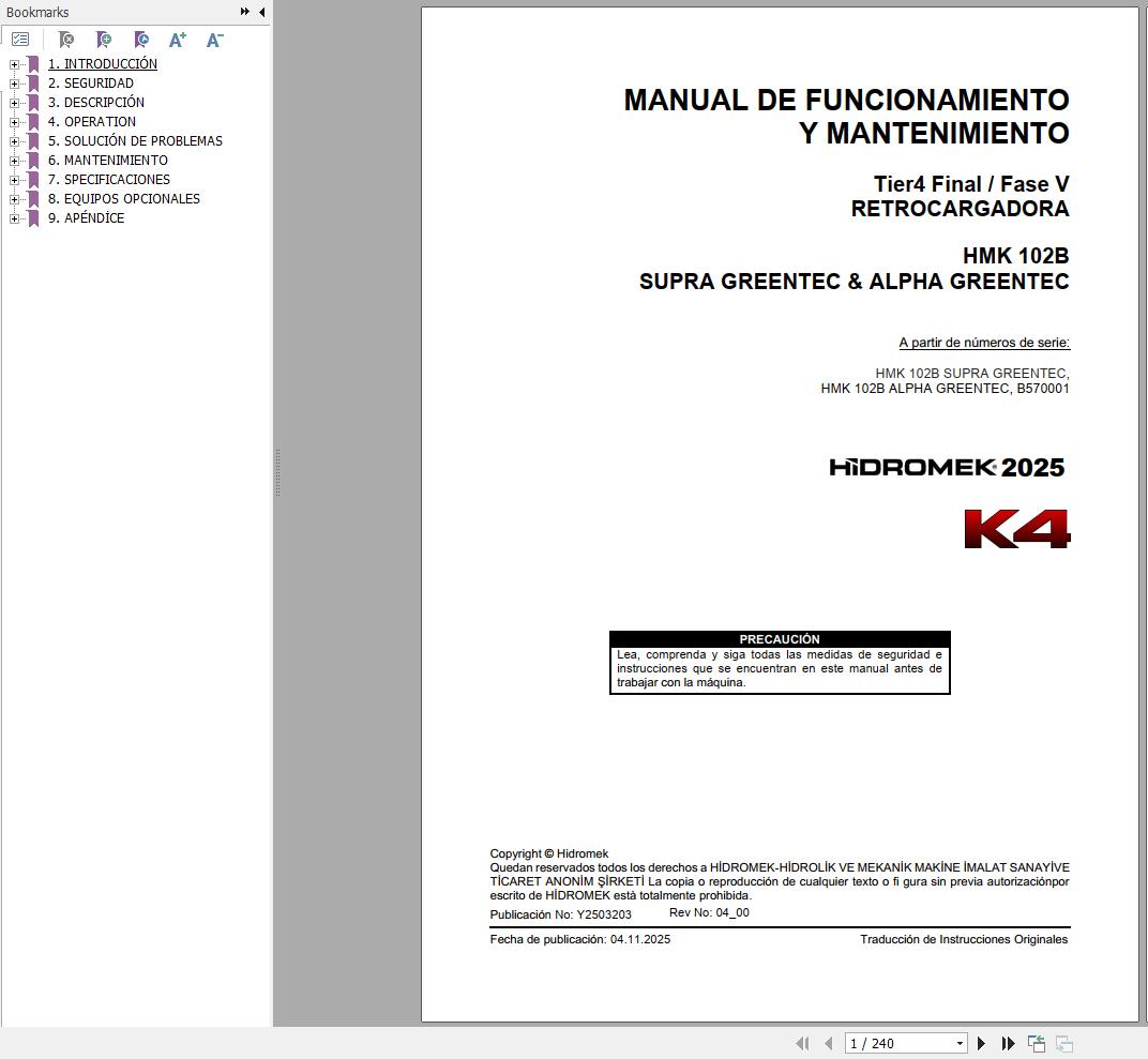 Hidromek HMK102B K4 SUPRA & ALPHA GREENTEC Operation Manual Y2503203 2025 ES (1)