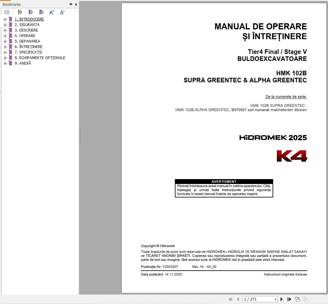 Hidromek HMK102B K4 SUPRA & ALPHA GREENTEC Operation Manual Y2503207 2025 RO (1)