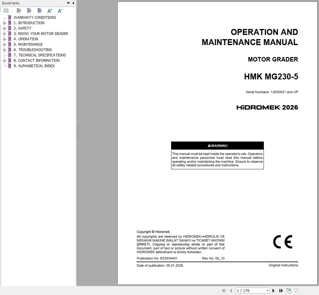 Hidromek Motor Grader HMK MG230 5 Operation Manual R23034401 2026 (1)