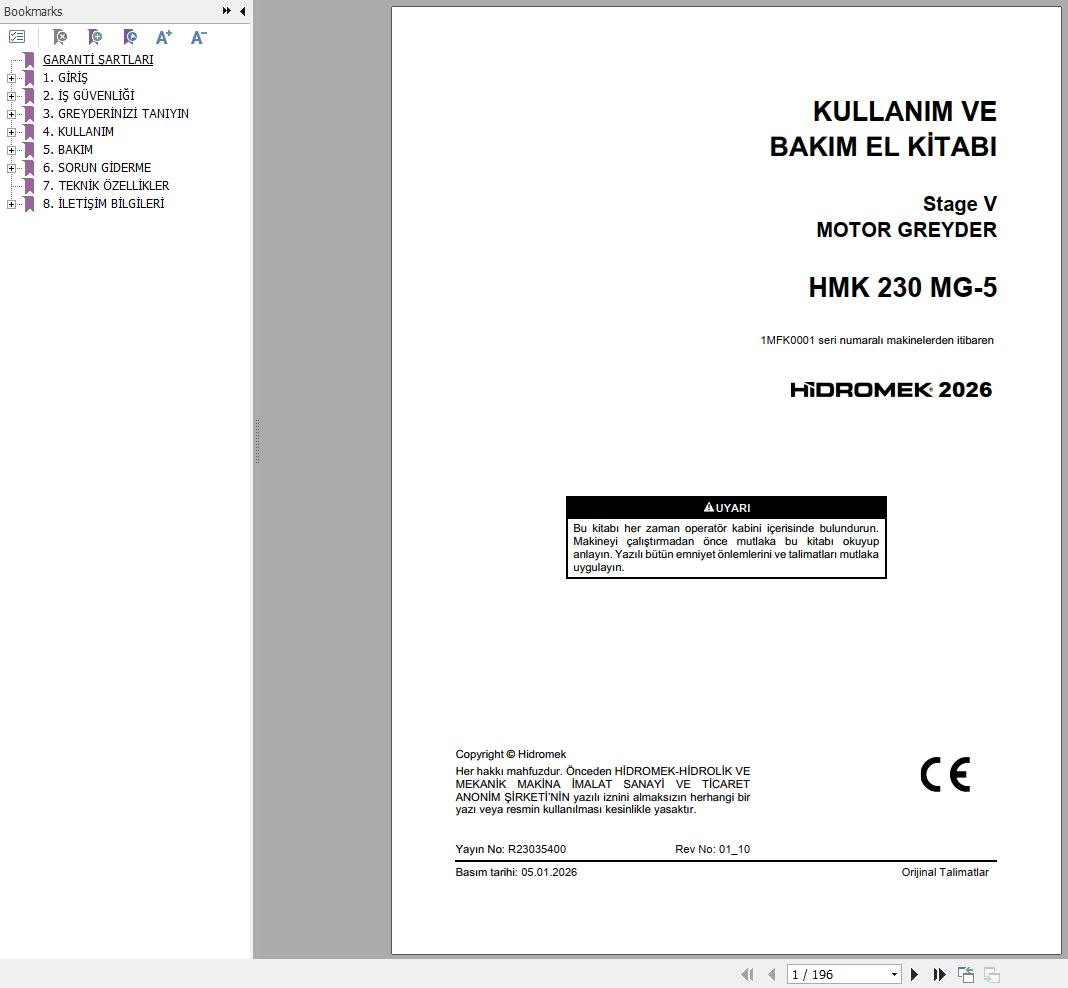 Hidromek Motor Grader HMK230MG 5 Stage 5 Operation Manual R23035400 2026 TR (1)