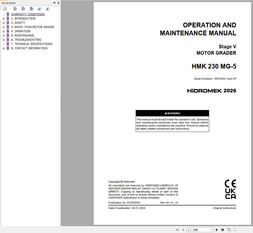 Hidromek Motor Grader HMK230MG 5 Stage 5 Operation Manual R23035401 2026 (1)