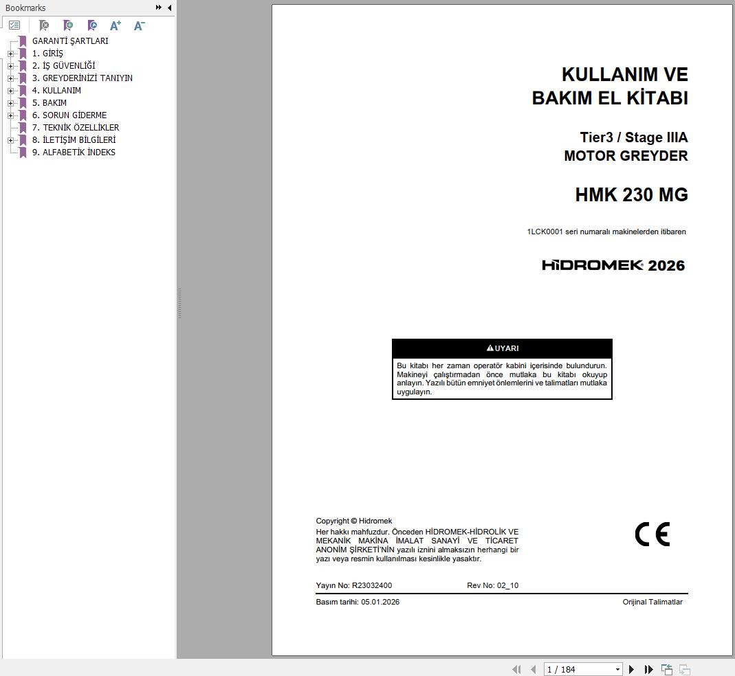 Hidromek Motor Grader HMK230MG Stage3A Operation Manual R23032400 2026 TR (1)