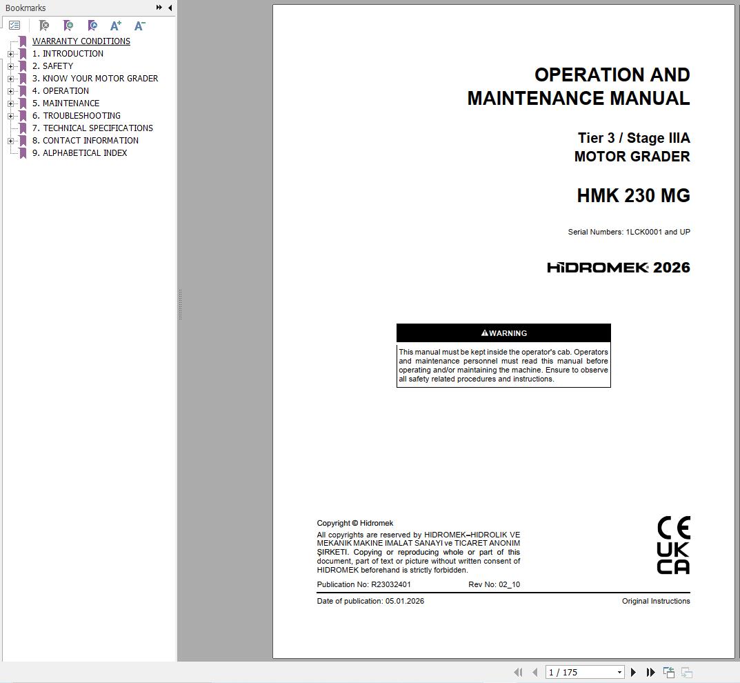 Hidromek Motor Grader HMK230MG Stage3A Operation Manual R23032401 2026 (1)