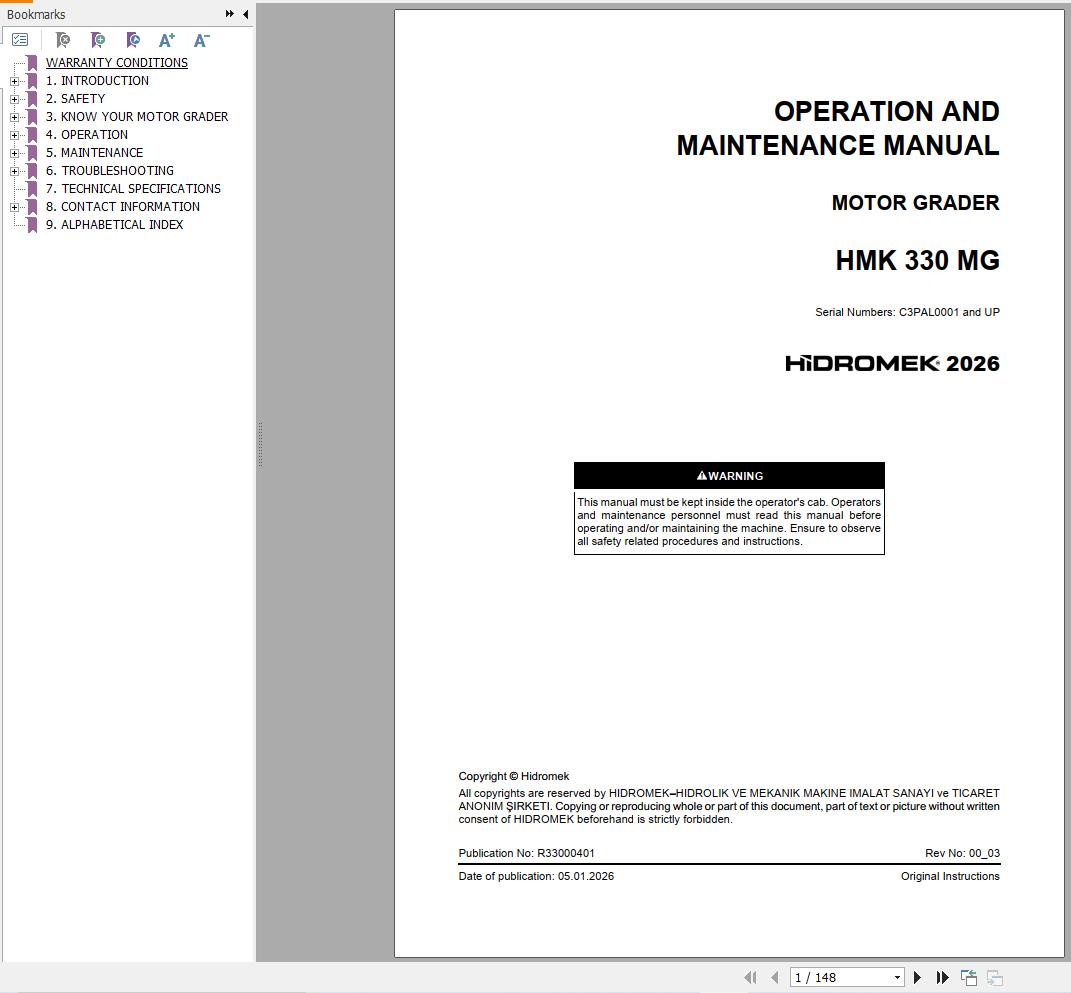 Hidromek Motor Grader HMK330MG Operation Manual R33000401 2026 (1)