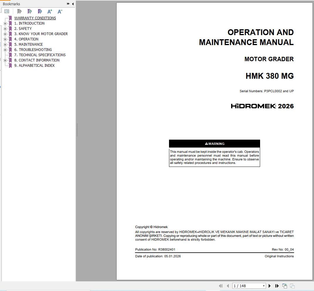 Hidromek Motor Grader HMK380MG Operation Manual R38002401 2026 (1)
