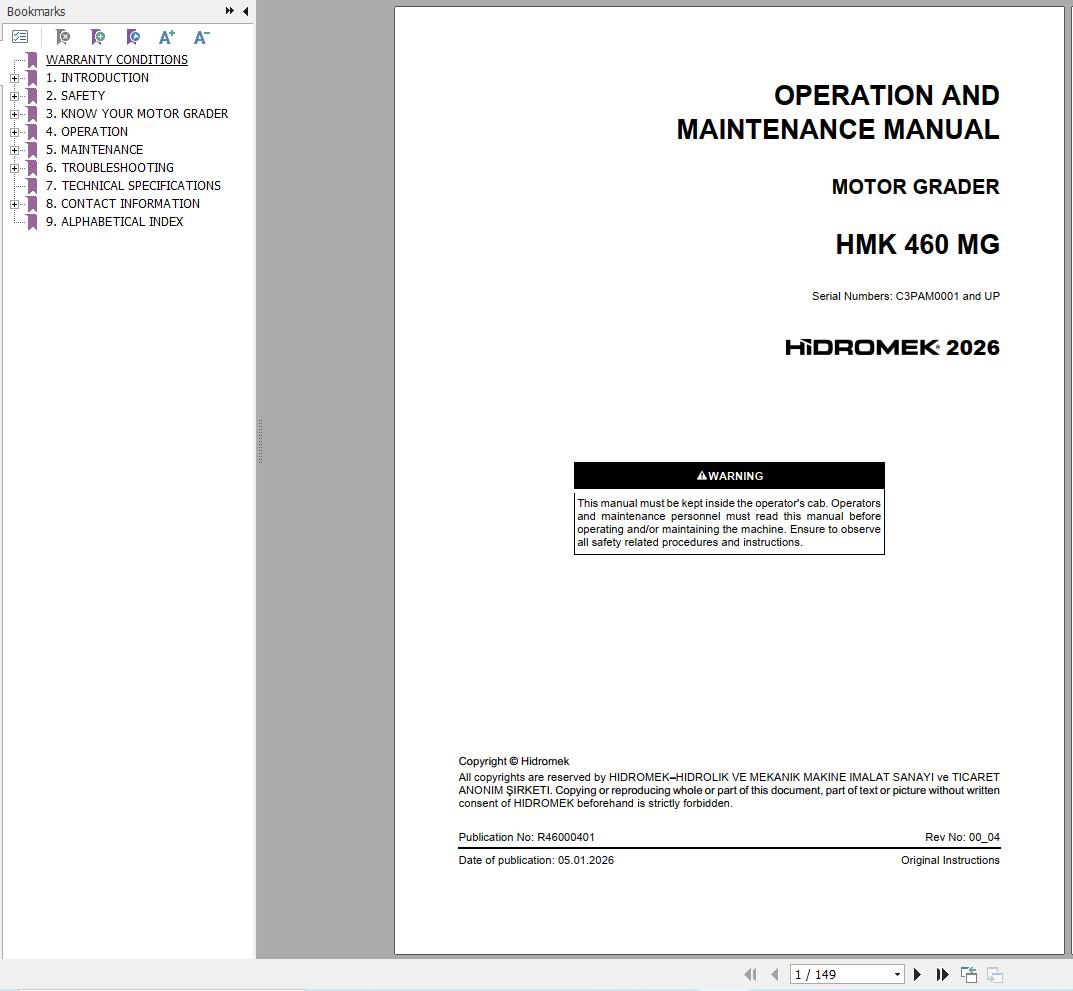 Hidromek Motor Grader HMK460MG Operation Manual R46000401 2026 (1)