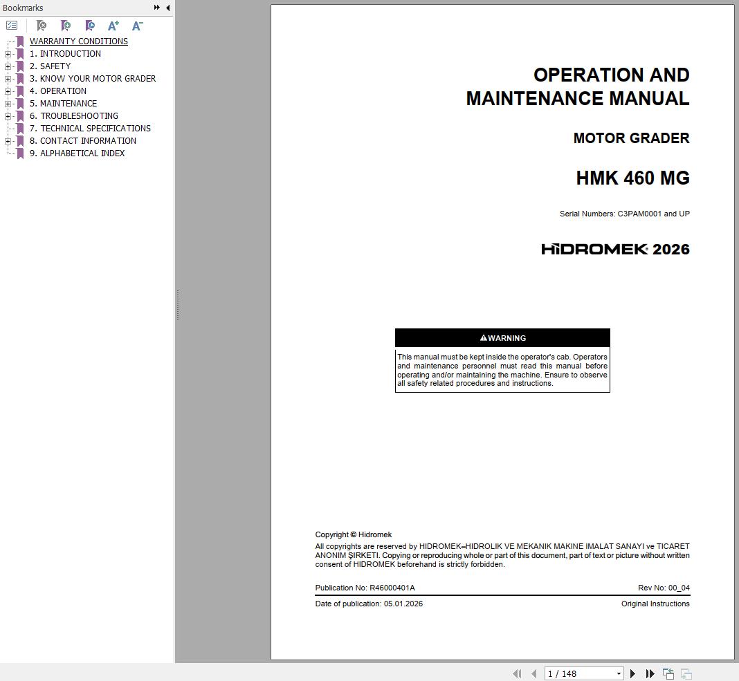 Hidromek Motor Grader HMK460MG Operation Manual R46000401A 2026 (1)