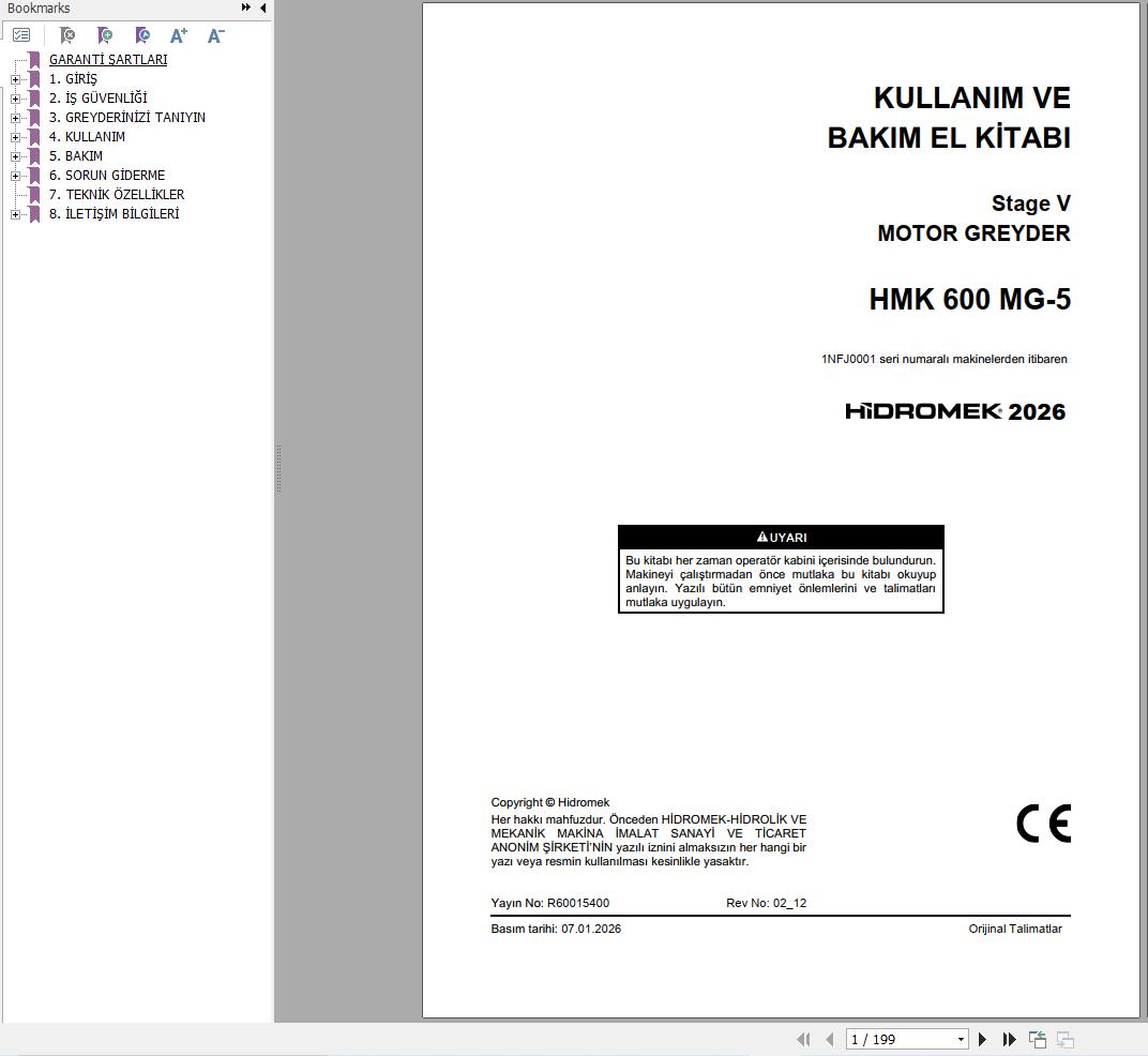 Hidromek Motor Grader HMK600MG 5 Stage 5 Operation Manual R60015400 2026 TR (1)
