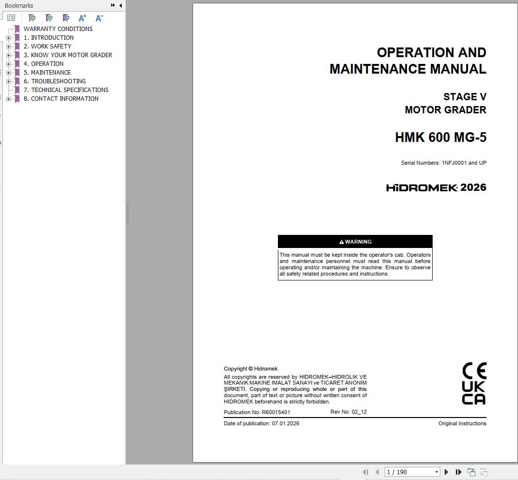 Hidromek Motor Grader HMK600MG 5 Stage 5 Operation Manual R60015401 2026 (1)