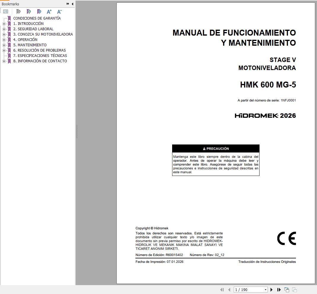 Hidromek Motor Grader HMK600MG 5 Stage 5 Operation Manual R60015402 2026 ES (1)