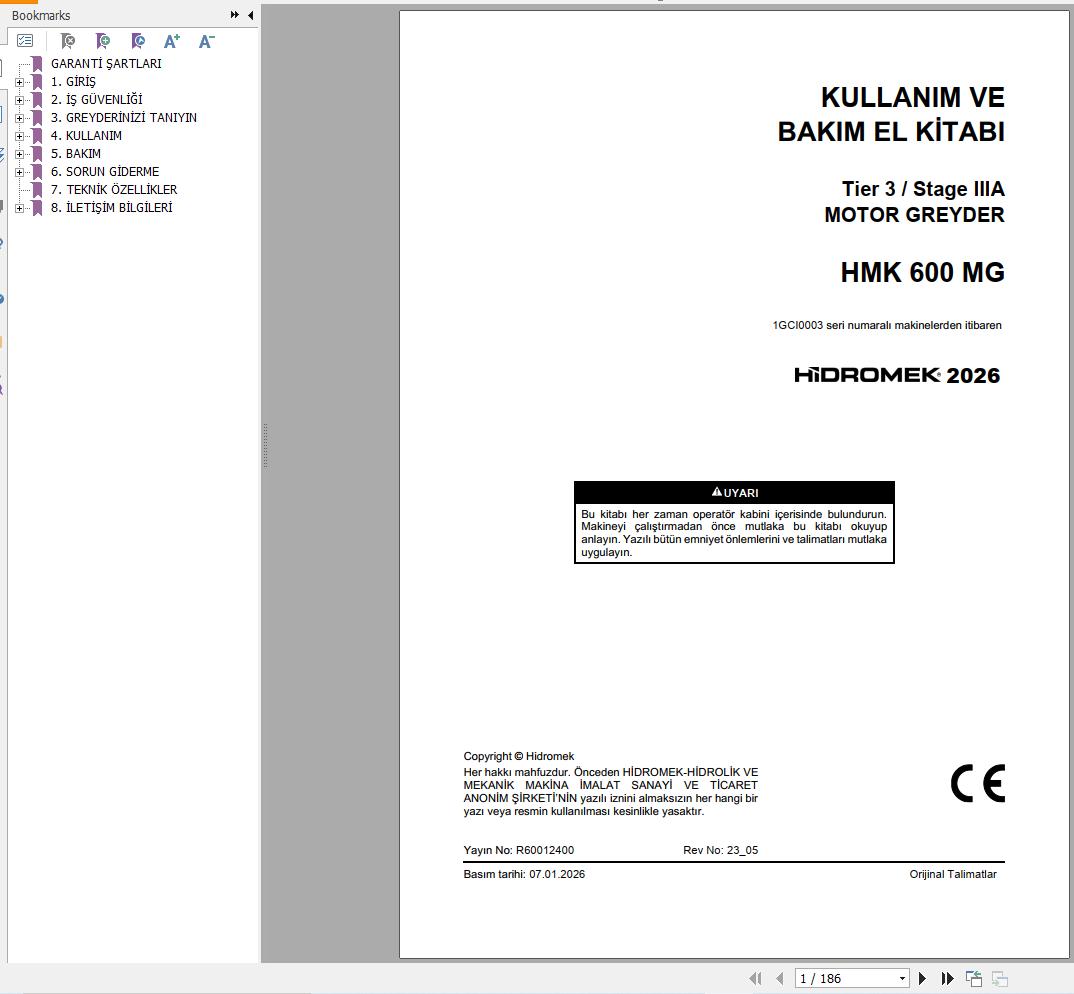 Hidromek Motor Grader HMK600MG Stage3A Operation Manual R60012400 2026 TR (1)