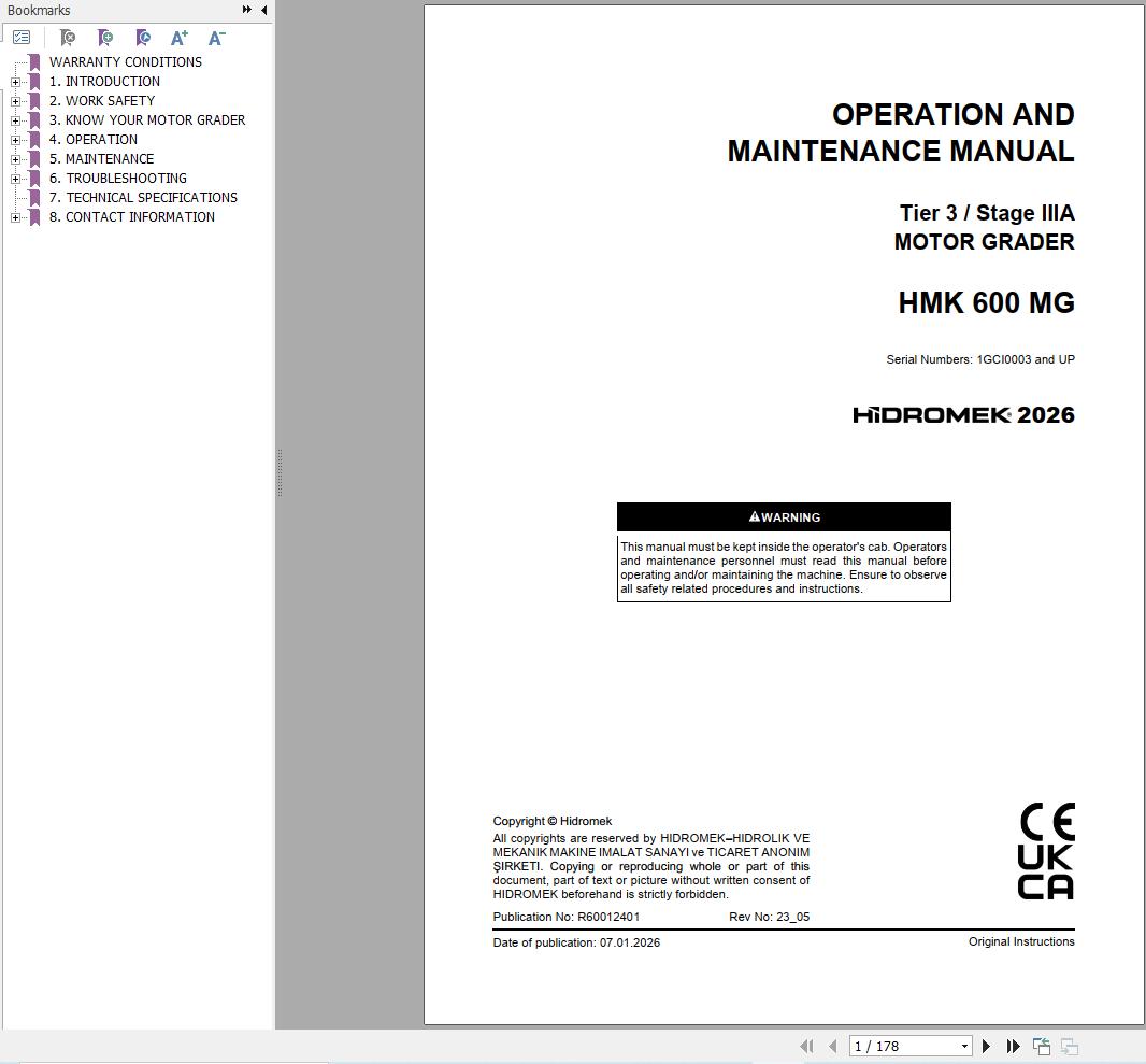 Hidromek Motor Grader HMK600MG Stage3A Operation Manual R60012401 2026 (1)