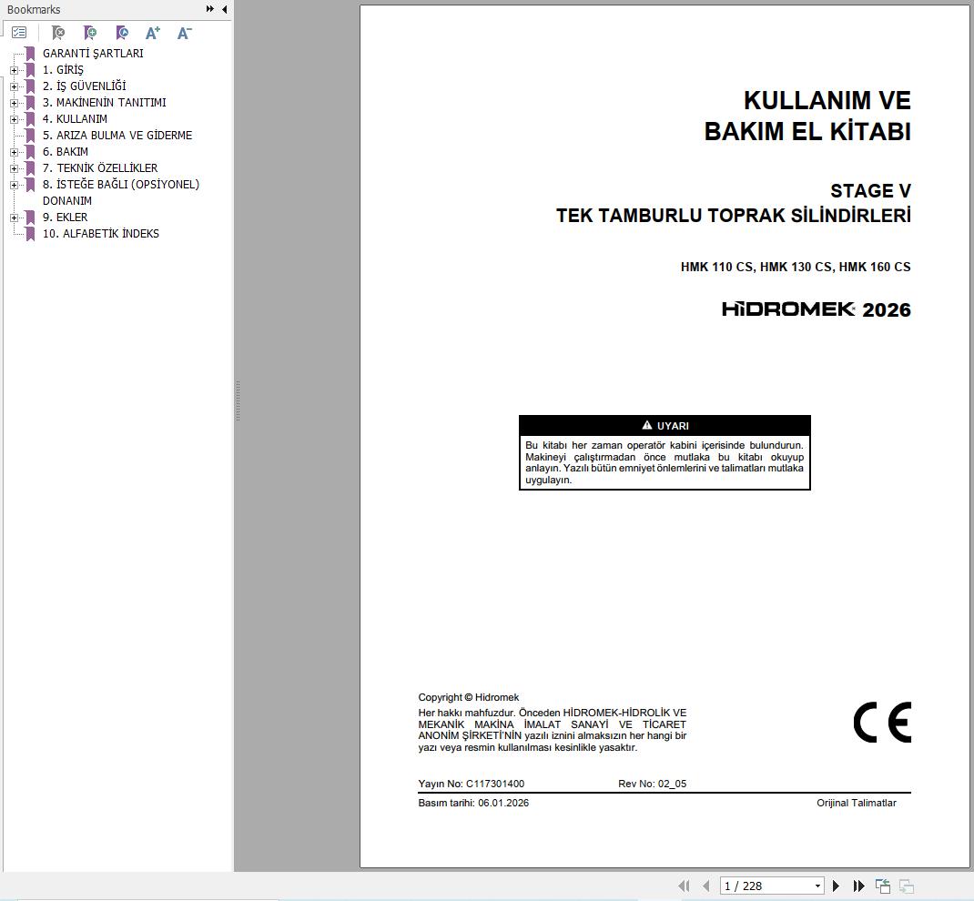 Hidromek Soil Compactor HMK110CS to HMK160CS Operation Manual C117301400 2026 TR (1)