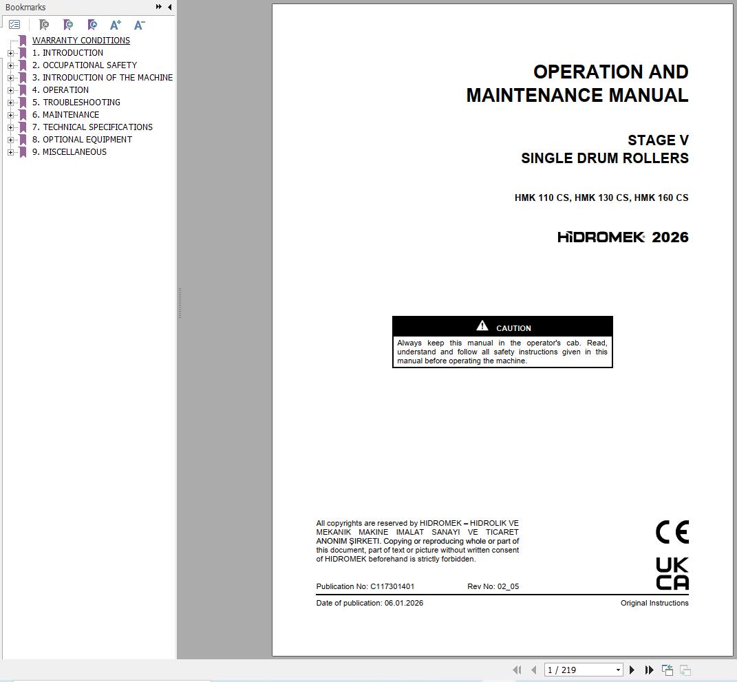 Hidromek Soil Compactor HMK110CS to HMK160CS Operation Manual C117301401 2026 (1)