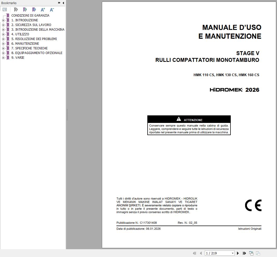 Hidromek Soil Compactor HMK110CS to HMK160CS Operation Manual C117301408 2026 IT (1)