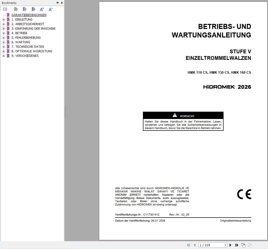 Hidromek Soil Compactor HMK110CS to HMK160CS Operation Manual C117301412 2026 DE (1)