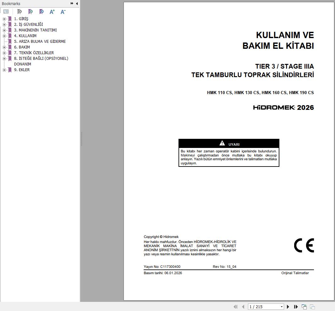 Hidromek Soil Compactor HMK110CS to HMK190CS Operation Manual C117300400 2026 TR (1)